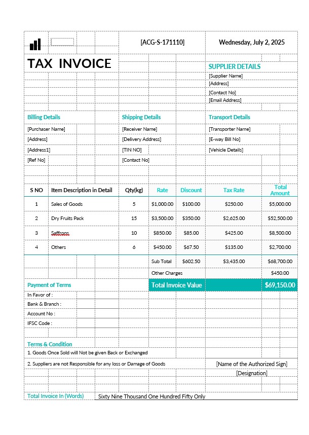 Printable Tax Invoice Template PSD template